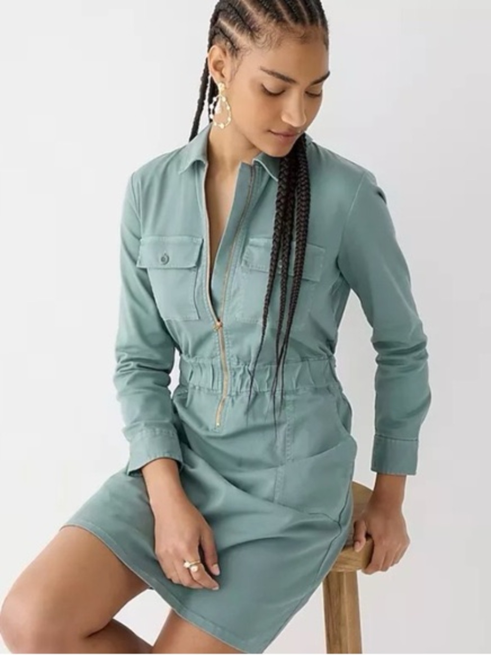 J crew Long-sleeve zip-front chino dress in green size 14